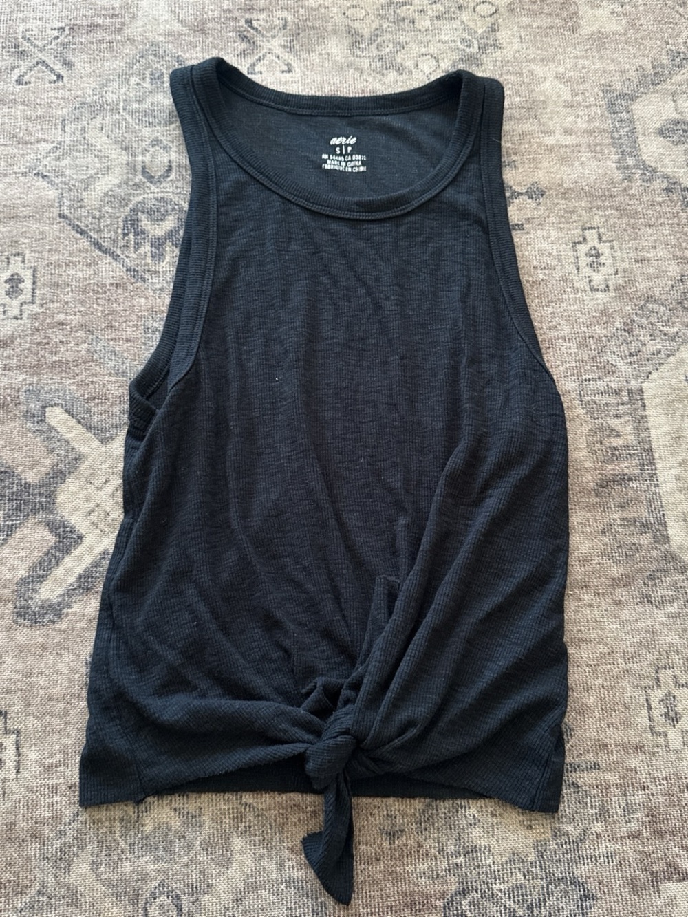 aerie Black Ribbed Tank with Front Knot
